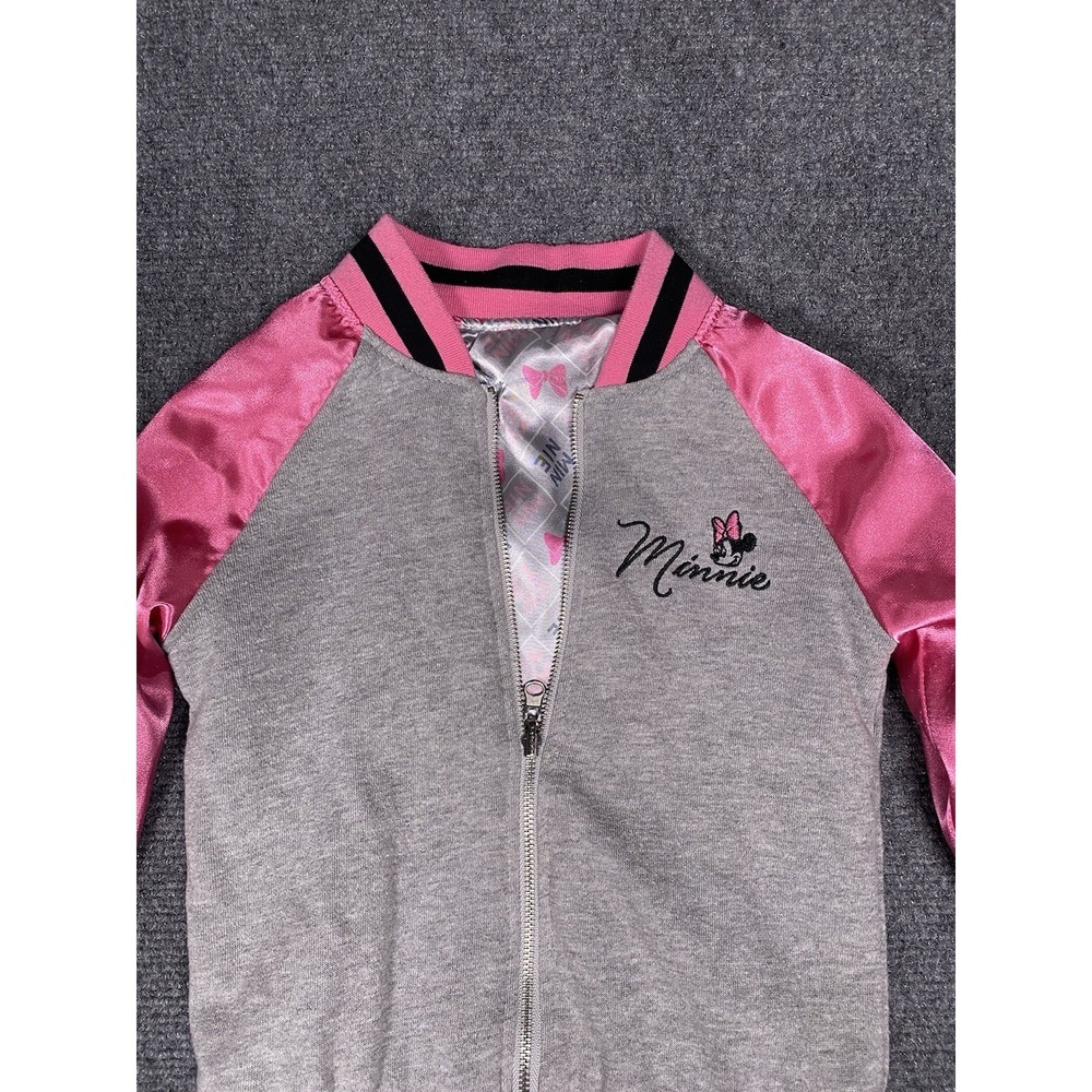 Disney Minnie Mouse Pink Grey Satin Varsity Bomber Jacket Girls Size 5-6